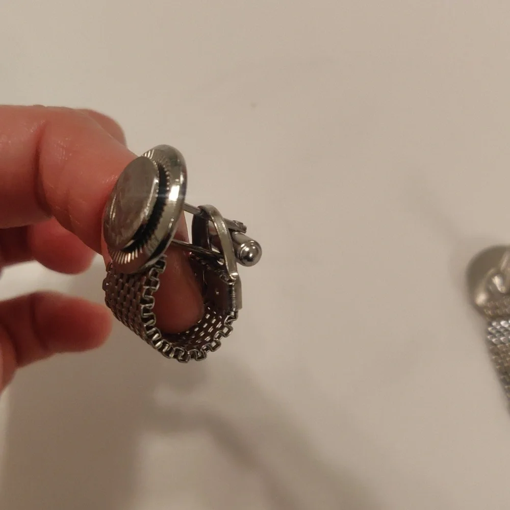 Vintage Silver-Tone Basket Weave Mesh Wrap Cufflinks